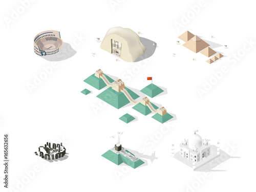 illustration vector isometric design concept of 7 Wonders of the World: Colosseum, Great Wall, Petra, Taj Mahal, Cristo Redentor, Great Pyramid of Giza, stonehenge
