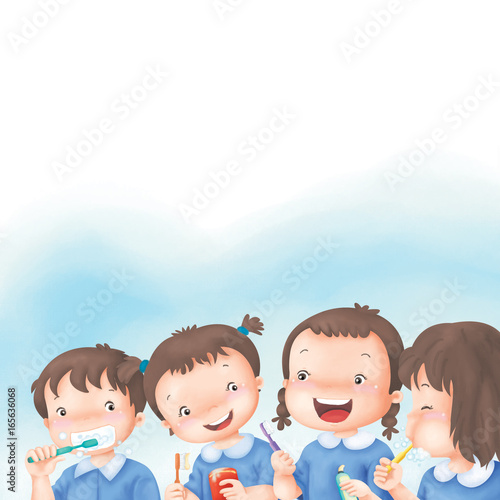 Cartoon Little girl group brushing teeth