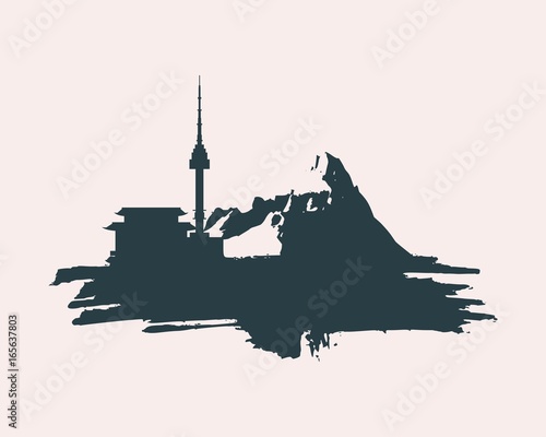 Namsan tower in Seoul and pagoda icons in simple style on grunge brush stroke. High mountains silhouette
