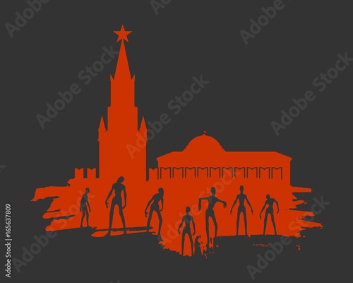 Posing zombie silhouettes set at the Moscow Kremlin. Halloween theme background