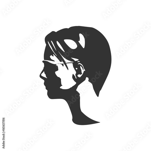 Portrait of beautiful woman in black sunglasses. Short hair. Side view