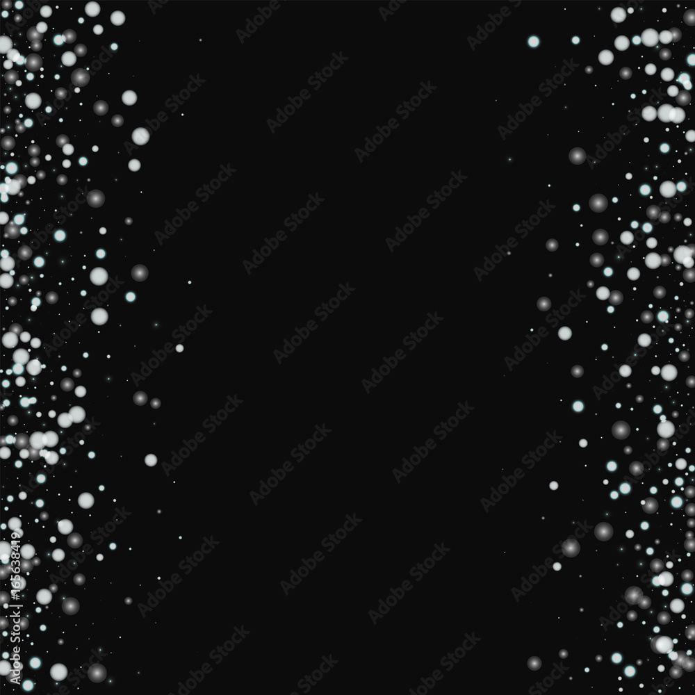 Beautiful falling snow. Messy border with beautiful falling snow on black background. Vector illustration.