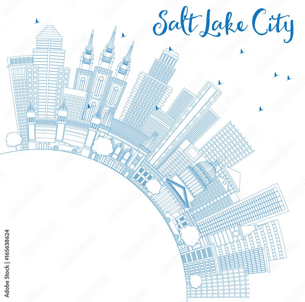 Outline Salt Lake City Skyline with Blue Buildings and Copy Space.
