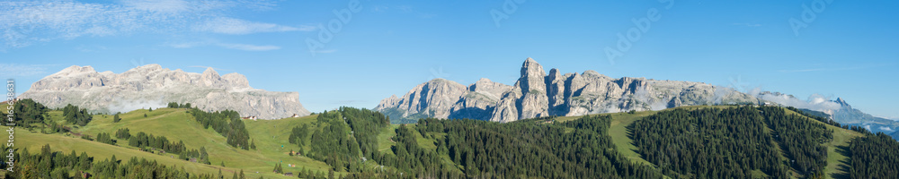 Great landscape on the Dolomites. View on Sella group, Bo peak, Gardenaccia massif and Sassongher summit. Alta Badia, Sud Tirol, Italy