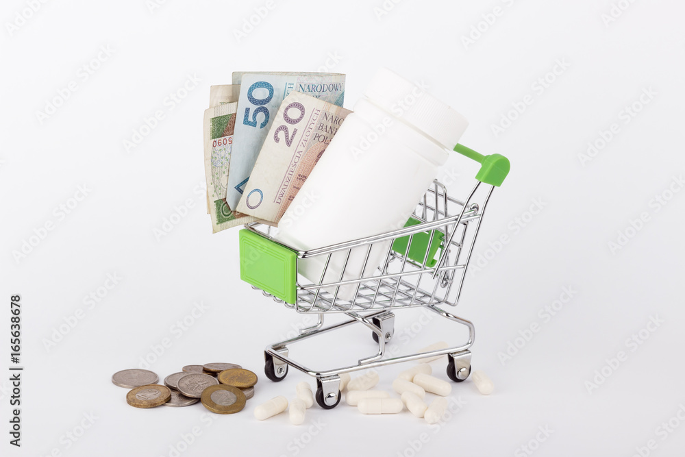 Polish zloty in the shopping pushcart, isolated Polish zloty in the shopping pushcart, isolated