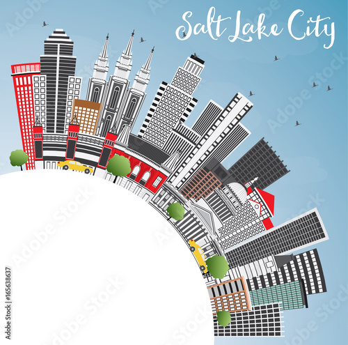 Salt Lake City Skyline with Gray Buildings, Blue Sky and Copy Space.