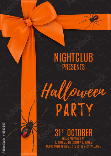 Halloween party poster with black gift box. Top view on Halloween gift box with orange bow and tapes. Design of flyer to night club. Vector illustration with black spiders. Invitation to nightclub.