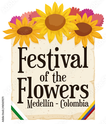 Floral Arrangement and Scroll for Colombian Festival of the Flowers, Vector Illustration