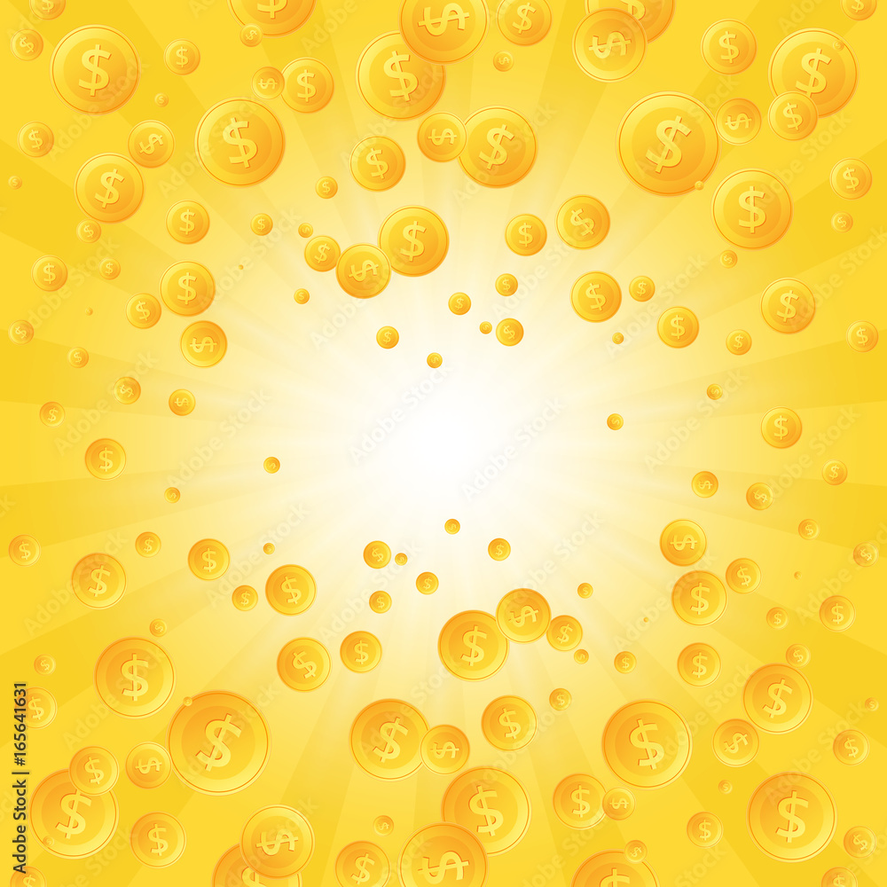 Coins falling. Golden money with dollar sign and lighting effect. Vector illustration Coins falling. Golden money with dollar sign and lighting effect. Vector illustration