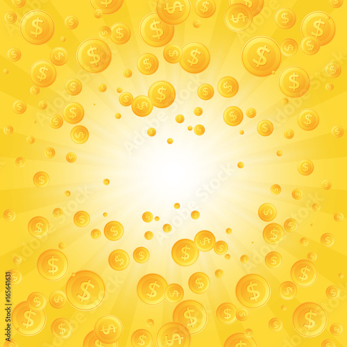 Coins falling. Golden money with dollar sign and lighting effect. Vector illustration