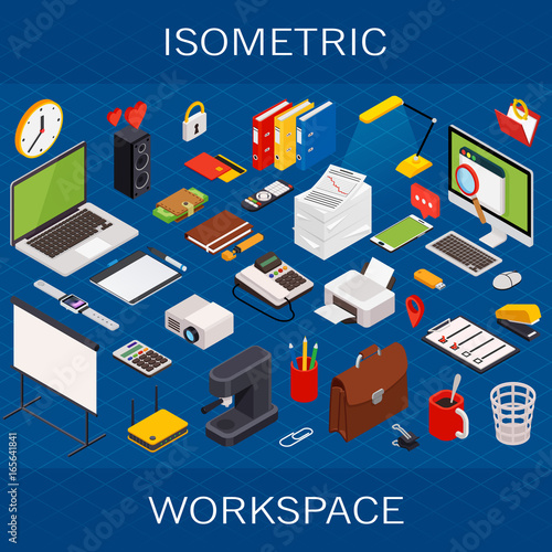 Flat 3d isometric computerized technology workspace infographic concept
