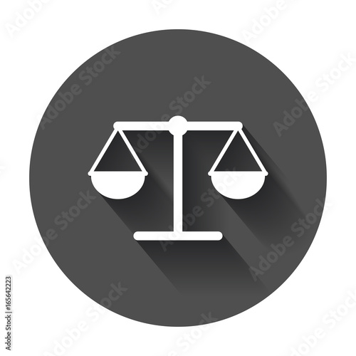 Scale weigher vector icon. Weigher, balance sign illustration on black round background with long shadow.