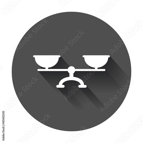 Scale weigher vector icon. Weigher, balance sign illustration on black round background with long shadow.