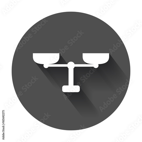 Scale weigher vector icon. Weigher, balance sign illustration on black round background with long shadow.