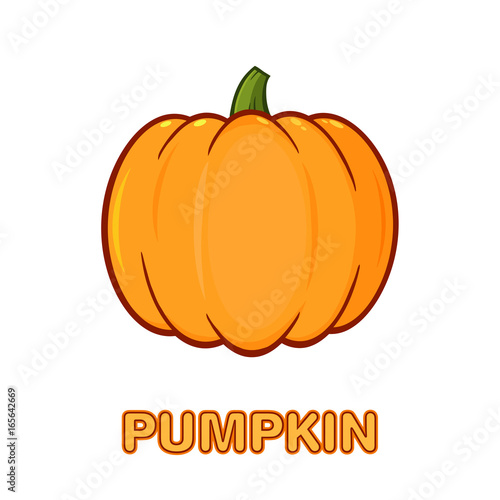 Orange Pumpkin Vegetables Cartoon Drawing Simple Design. Illustration Isolated On White Background With Text Pumpkin