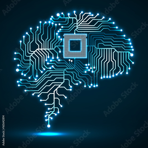 Abstract technological glowing brain. Cpu. Circuit board. Vector