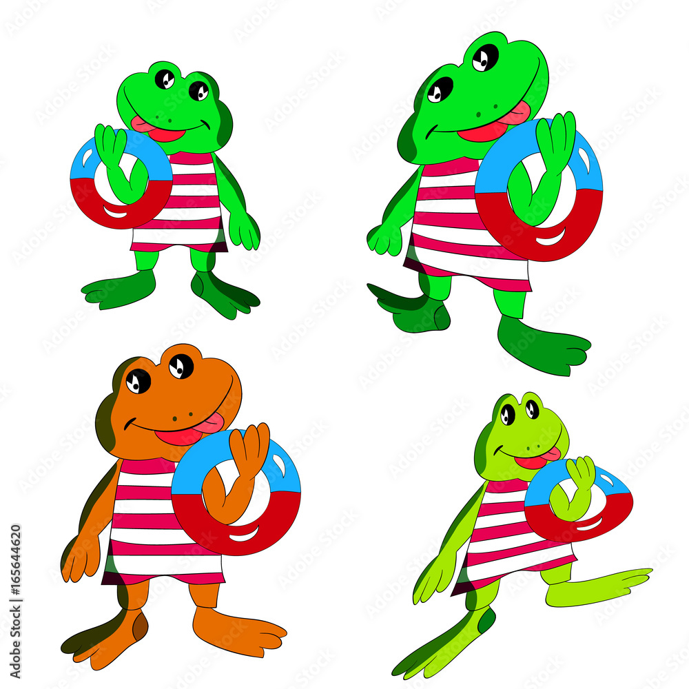 Obraz premium Collection of merry frogs with a bathing circle in the hand, cartoon on a white background.