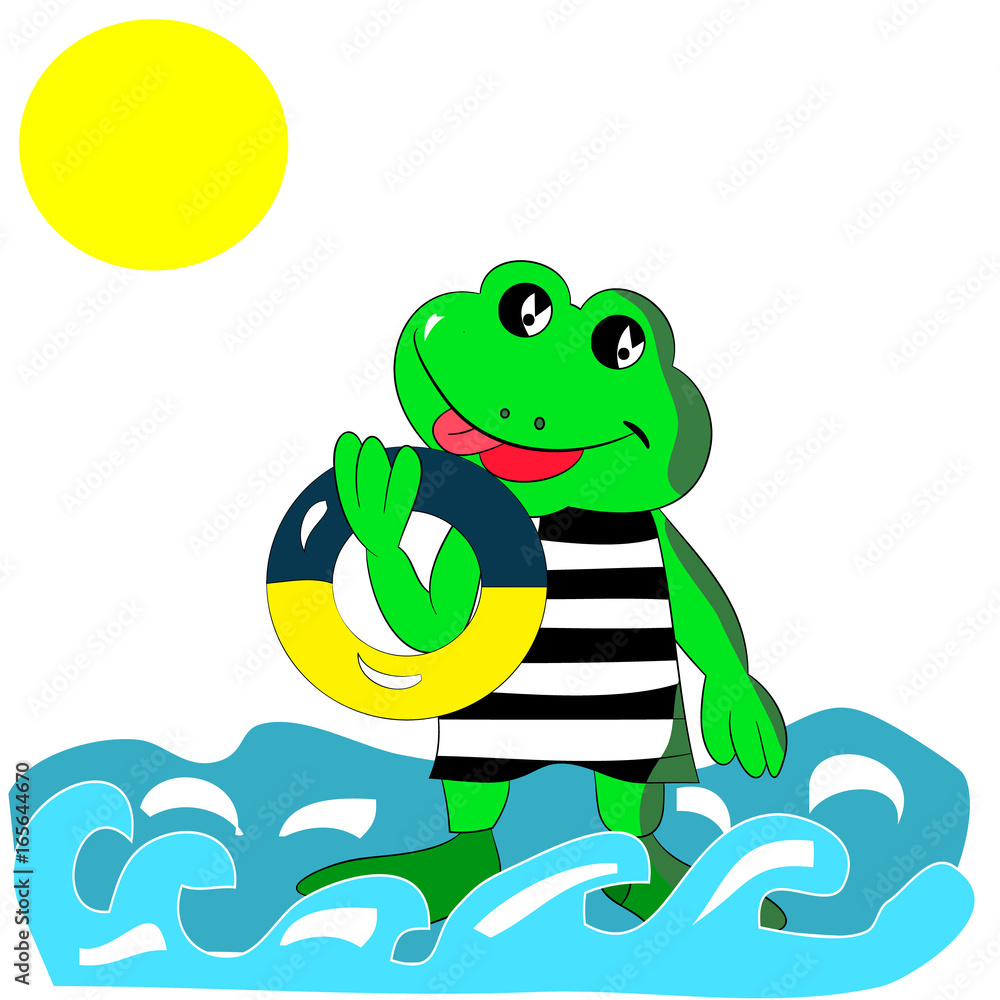 Cheerful green frog with a bathing circle in his hand, on the sea, cartoon on a white background. Cheerful green frog with a bathing circle in his hand, on the sea, cartoon on a white background.
