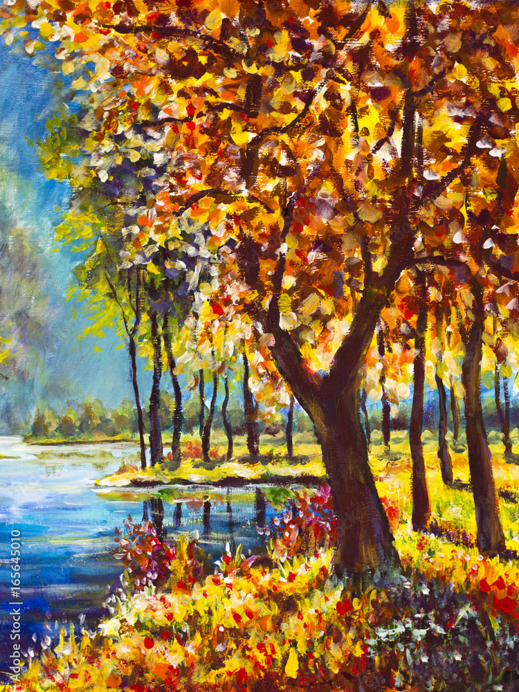 Obraz Oryginalny obraz olejny jesienią pomarańczowe złoto Drzewo na brzegu na tle niebieskiej rzeki górskiej. Piękny krajobraz. Nowoczesna sztuka malarstwa impresjonistycznego.