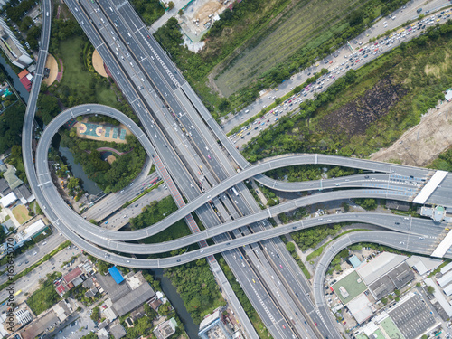 Aerial shot,view from the drone on the road junction of Bangkok,Thailand