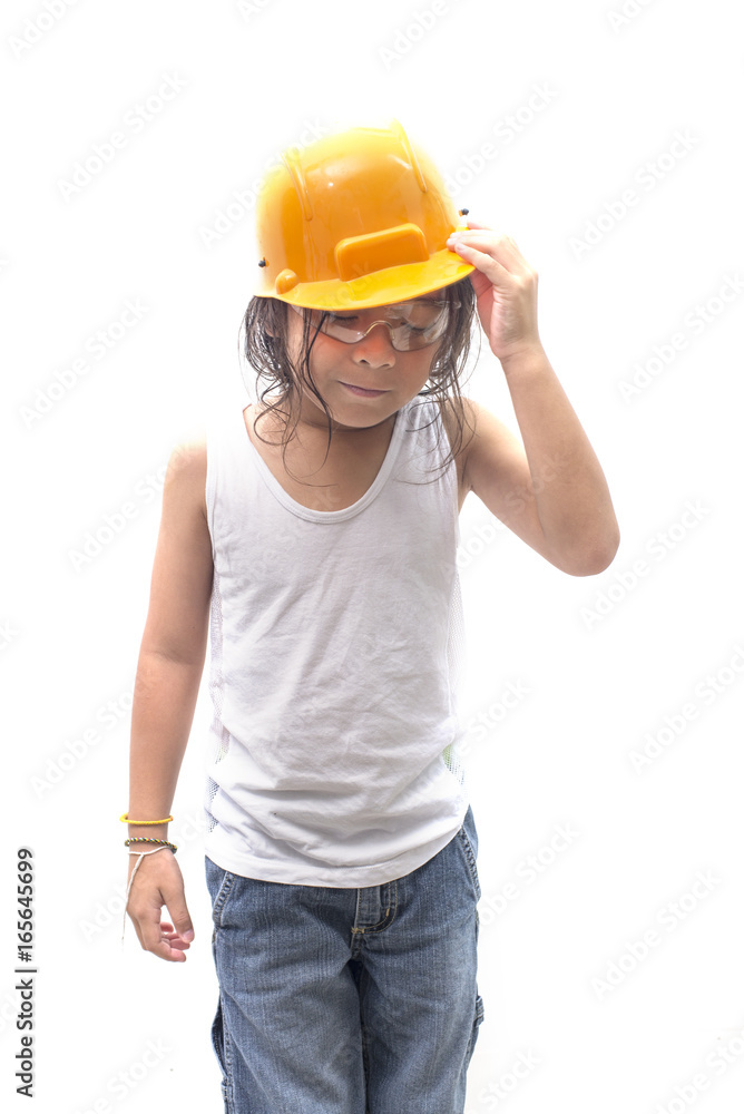 Asian boy holding orange safety helmet isolated on white background