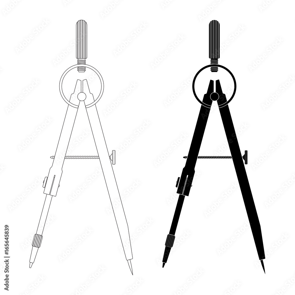 Compass. Technical drawing tool. Outline and black silhouette Stock Vector