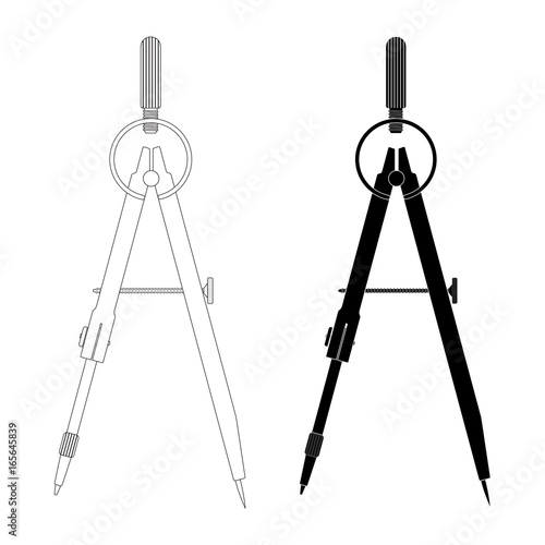 Compass. Technical drawing tool. Outline and black silhouette