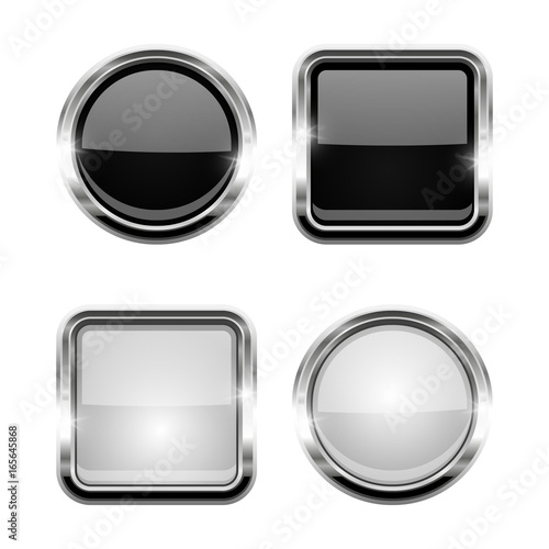 White and black shiny buttons. Round and square glass web icons with chrome frame