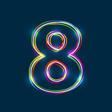 Number 8 - Vector multicolored outline font with glowing effect isolated on blue background. EPS10