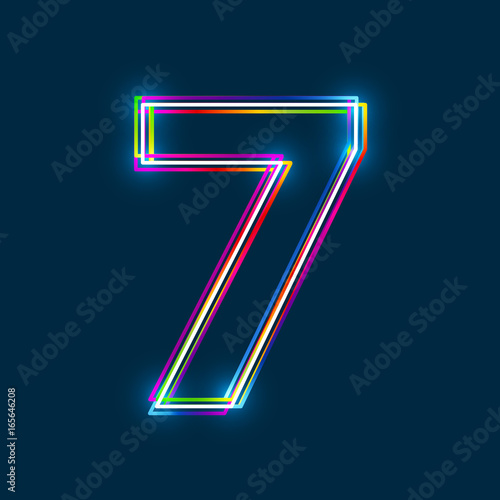 Number 7 - Vector multicolored outline font with glowing effect isolated on blue background. EPS10