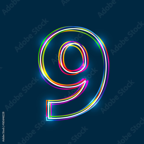 Number 9 - Vector multicolored outline font with glowing effect isolated on blue background. EPS10