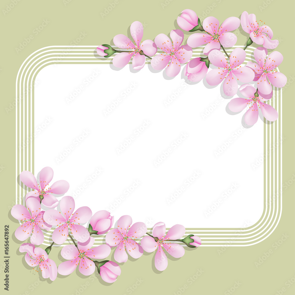 Card with floral print with a rectangular space for text. Delicate flowers and buds cherry. Template for greetings or invitations. Card with floral print with a rectangular space for text. Delicate flowers and buds cherry. Template for greetings or invitations.