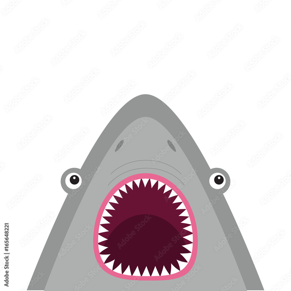 Shark head face with big open mouth and sharp teeth. Cute cartoon animal  character. Baby card. Sea ocean wild animal. Sticker print template. Flat  design. White background. Isolated. Stock Vector | Adobe