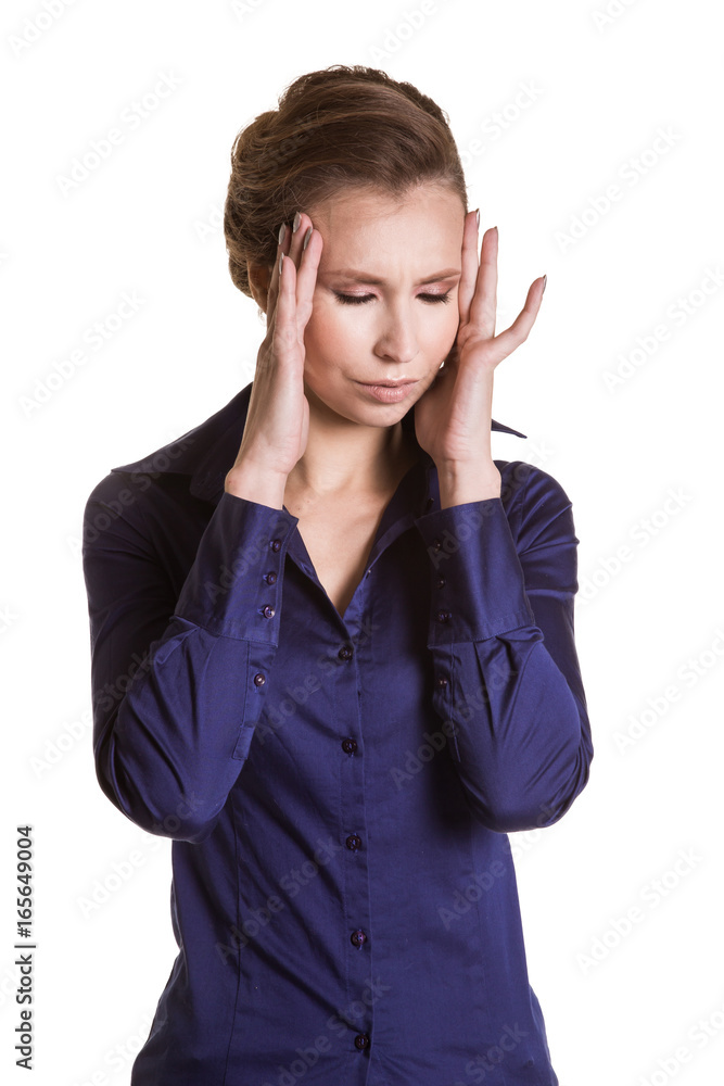 Beautiful woman having a headache on a white background Beautiful woman having a headache on a white background