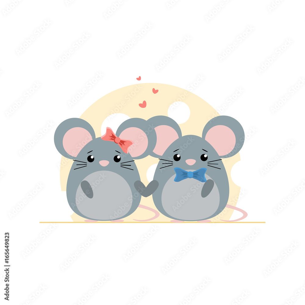 Obraz premium Cute couple of mouse on cheese background. Cartoon vector illustration