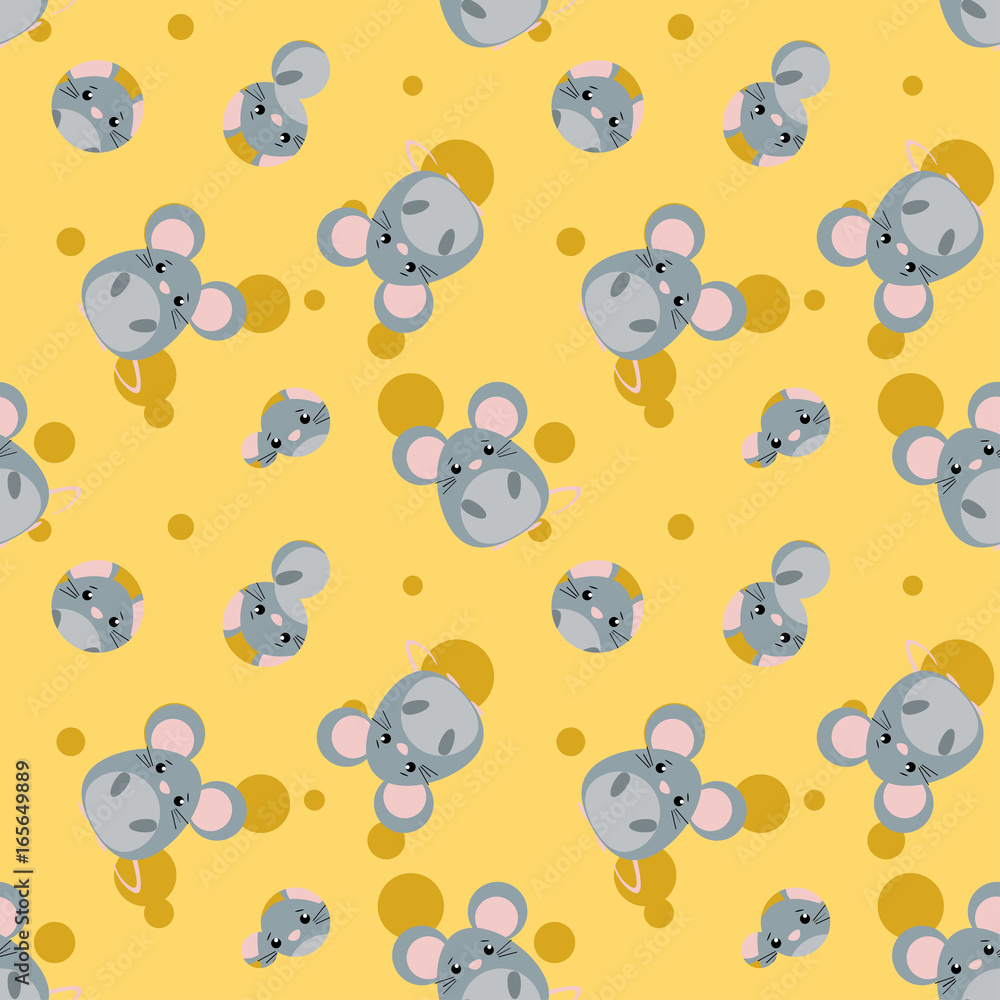 Fototapeta premium Funny seamless pattern with cute mouse and cheese. Flat design vector illustration