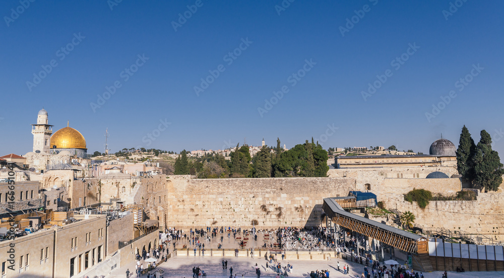 Israel, The western wall and the Temple Mount area, after the snow. the famous Golden Dome is in the left, near the minaret