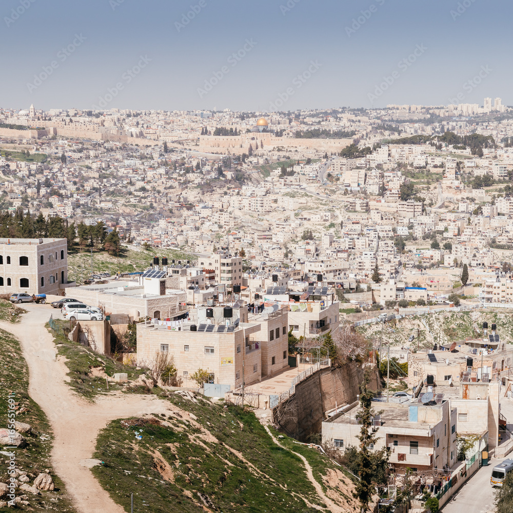 Panorama of Jerusalem from the outskirts looking into the Old Town and Temple Mount Complex
