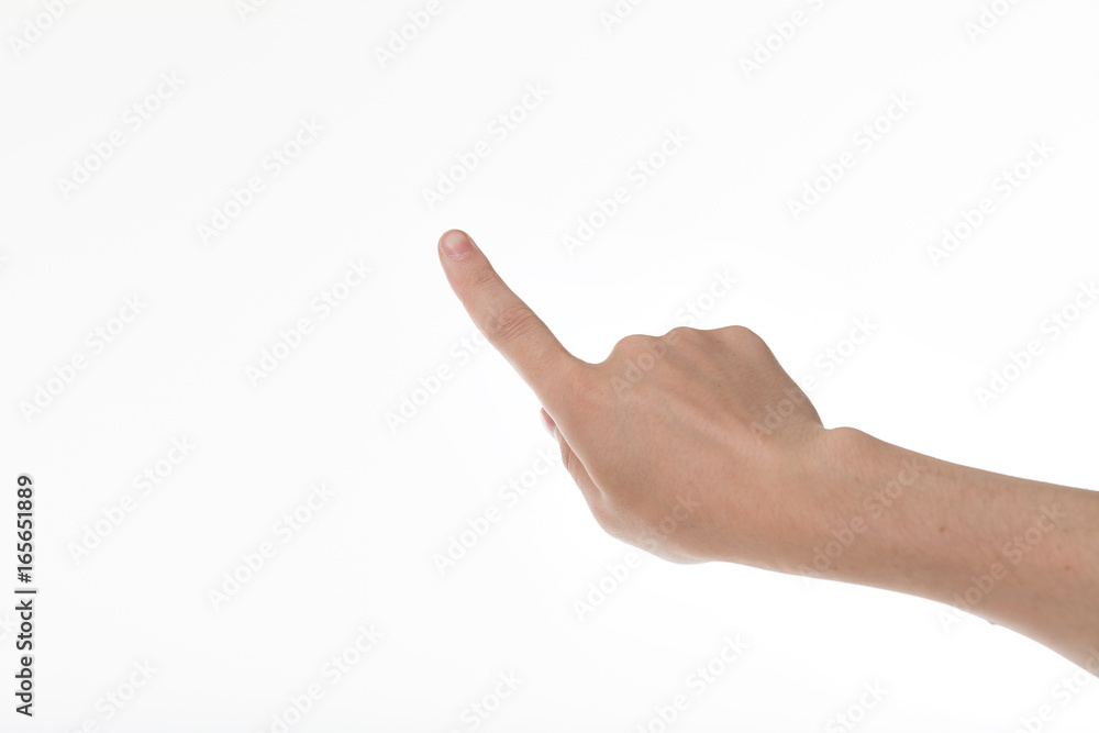 male hand touching virtual screen. Isolated on white. male hand touching virtual screen. Isolated on white.