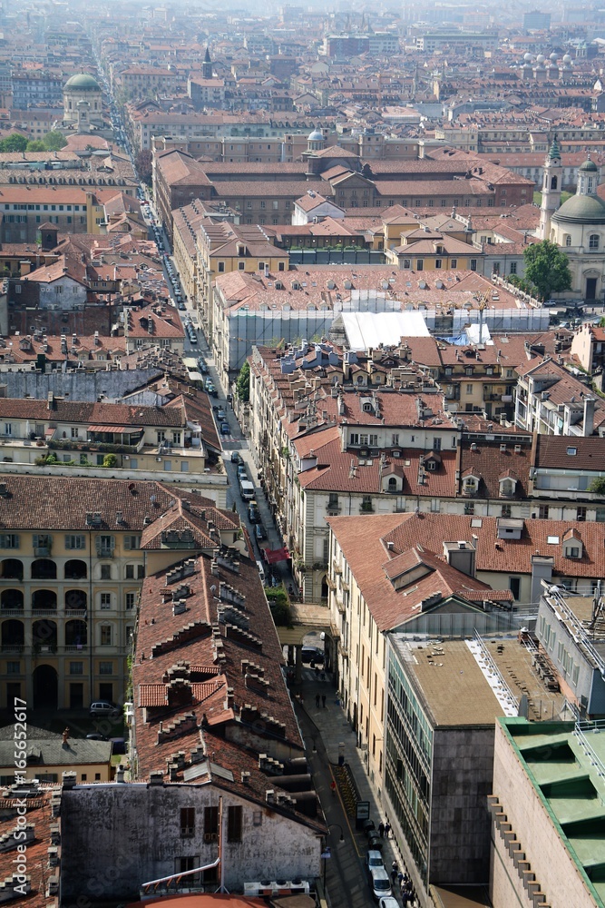 Long straight Street in Turin view from Mole Antonelliana, Piedmont Italy 