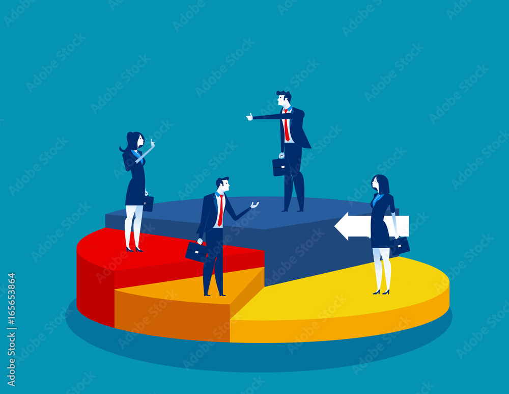 Business people standing of different directions on a pie chart. Concept business vector illustration.