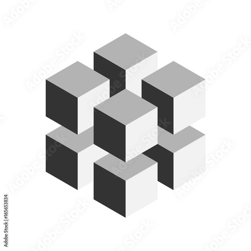 Grey geometric cube of 8 smaller isometric cubes. Abstract design element. Science or construction concept. 3D vector object.