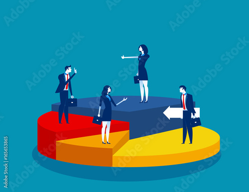 Business people standing of different directions on a pie chart. Concept business vector illustration.