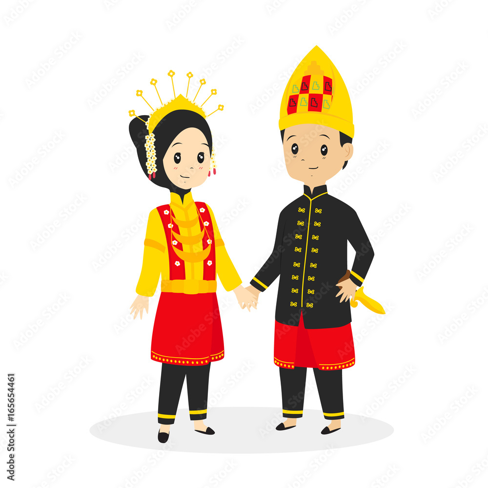 Indonesia - Aceh couple wearing traditional wedding dress, cartoon vector illustration 
