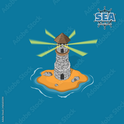 Pirate island with lighthouse on a blue background. Tropical isle with stone castle in isometric style. Mobile game. Vector illustration