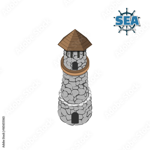 Pirate island with lighthouse on a white background. Tropical isle with stone castle in isometric style. Mobile game. Vector illustration