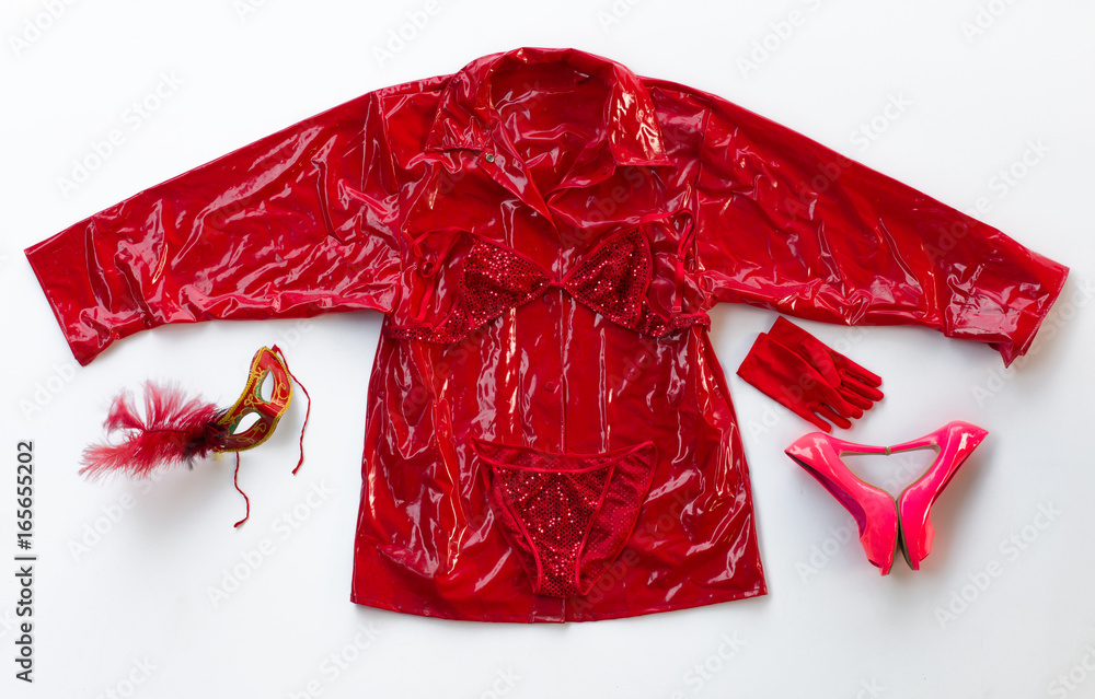 Red underwear sexy lingerie, red women's raincoat and red shoes Stock Photo  | Adobe Stock
