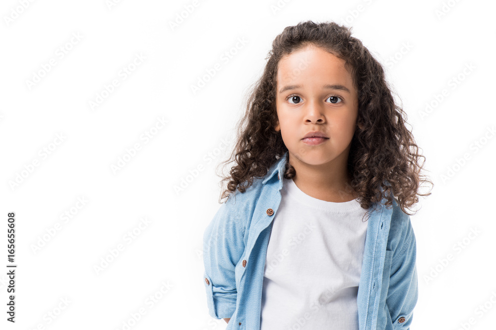 Φωτογραφία portrait of adorable african american girl looking at camera isolated on white
