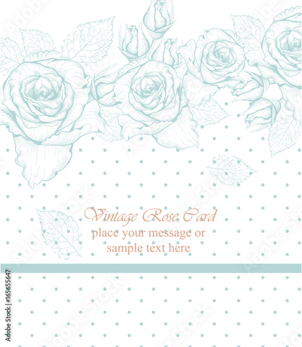 Blue roses card Vector. delicate summer card. Springtime fresh natural composition line art