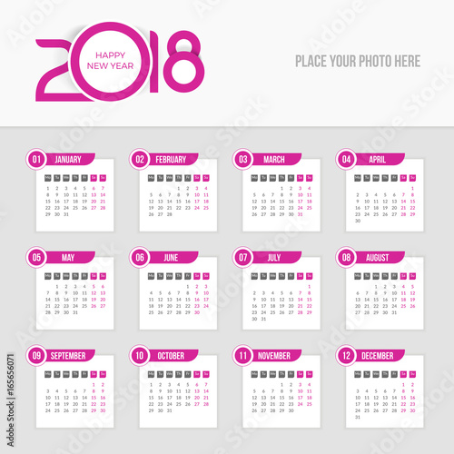 2018 Calendar - Week starts Monday